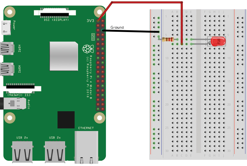 Montage de la DEL et de la résistance sur un breadboard