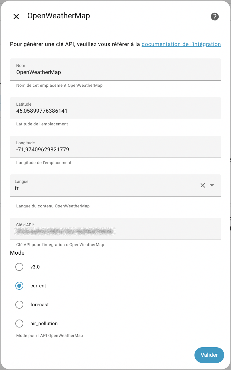 Configuration OpenWeatherMap