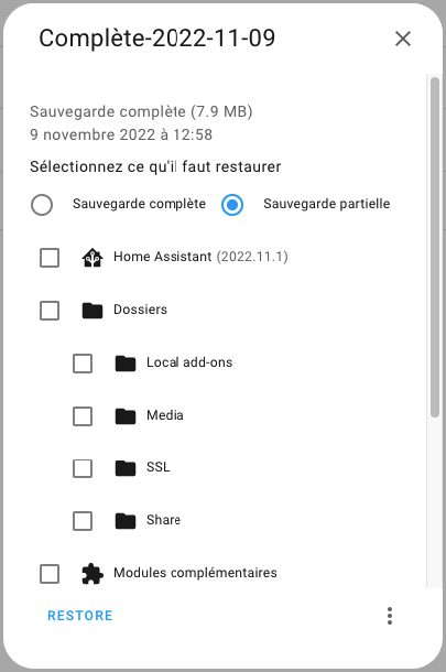 Restaurer sauvegarde partielle