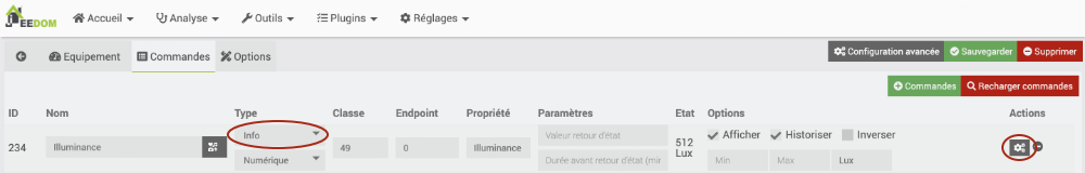 Commande de type info