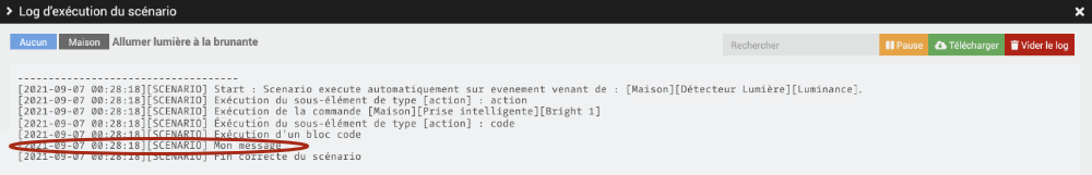 Mesasge dans le log d'exécution du scénario