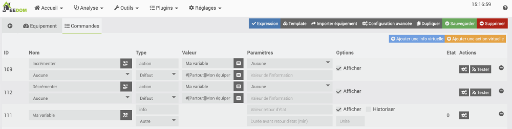 Commandes du virtuel