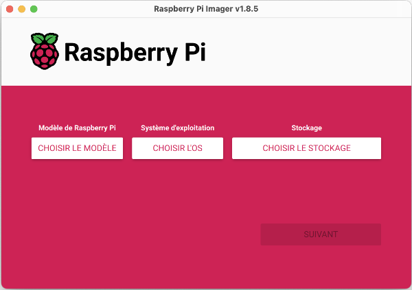 Écran d'accueil de Raspberry Pi Imager