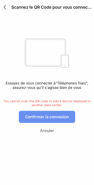 You cannot scan the QR code to add a device deployed in another data center.
